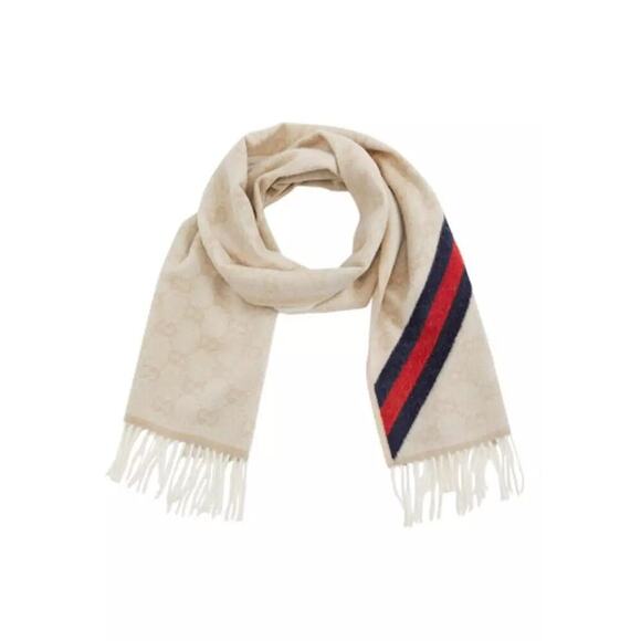 Gucci Mens Logo Monogram Wool Long Fringe Scarf Cream Beige NWOT - Picture 6 of 7